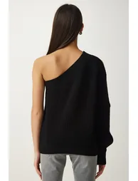 Women's Black Window Detailed Single Sleeve Knitwear Sweater - 3