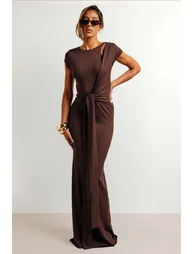 Super Soft Tie Waist Detail Floor Dress - chocolate