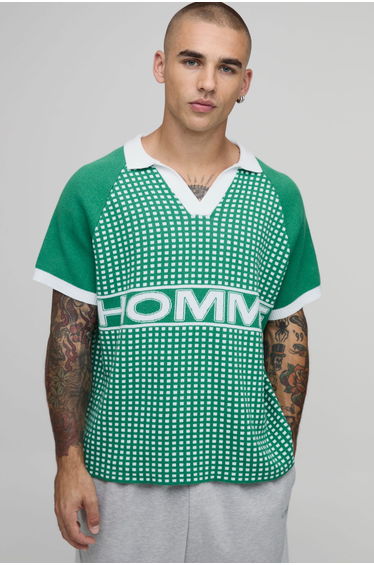 Relaxed Boxy Varsity Embroidered Knitted Polo - green