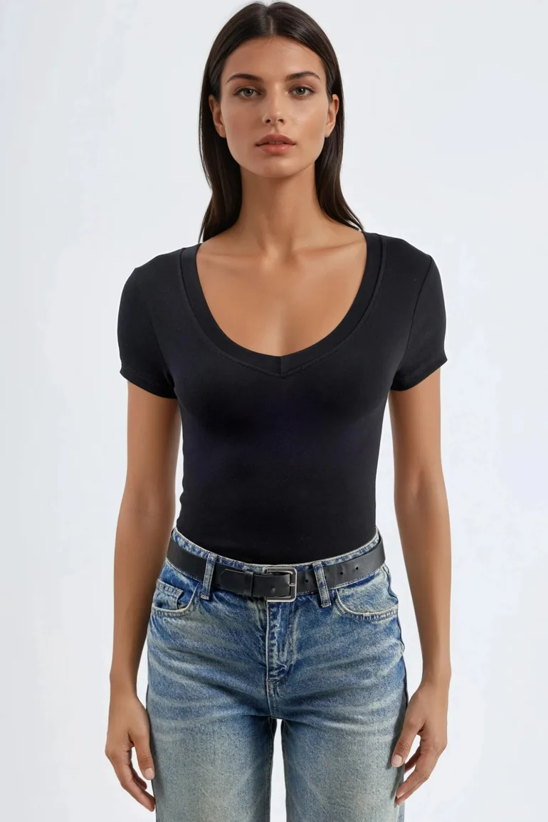 BUSEM V-Neck Short Sleeve Elastic T-Shirt - 5