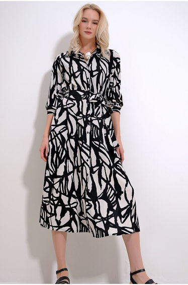 Women's Black-Cream Polka Dot Patterned Woven Viscose Shirt Dress
