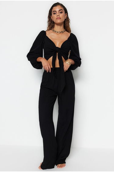 Black Woven Tie Blouse and Pants Suit