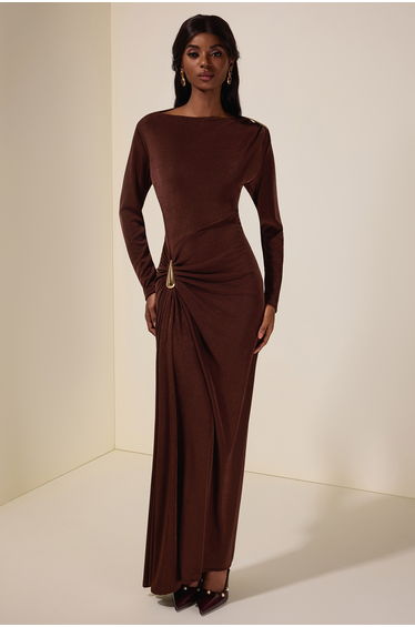Jersey Metal Decorations Long Sleeve Maxi Dress