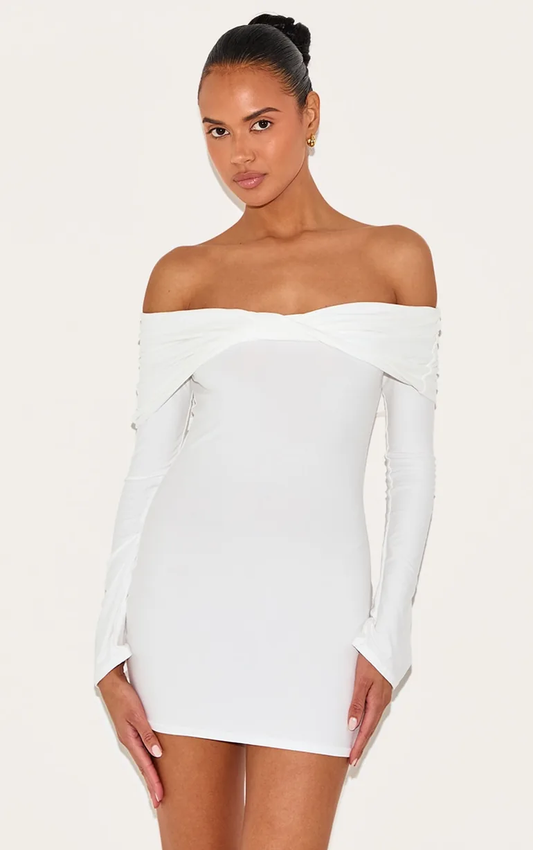 Cream Soft Touch Twist Detail Bardot Bodycon Dress Prettylittlething :  Party Dresses : VogaCloset Oman