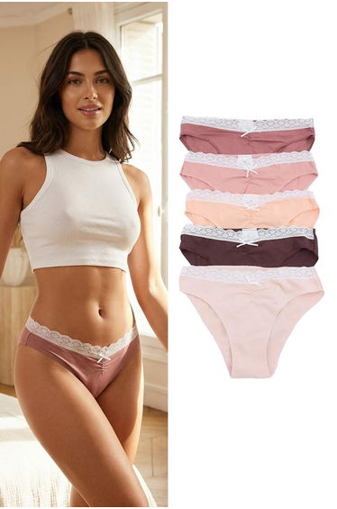 Brown-Multicolor 5-Piece Lycra Combed Cotton Single Jersey Slip Lace Detailed Plain Slip Panties