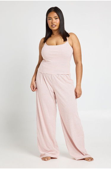 Plus Soft Rib Stripe Cami & Trouser Pyjama Set - pink