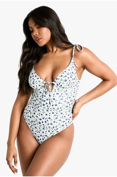 Ditsy Floral Underwire Tie Front Swimsuit - purple