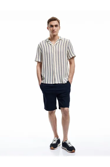 Cotton Regular Fit Turn-Down Collar Button Short Sleeve Openwork Striped Shirt
