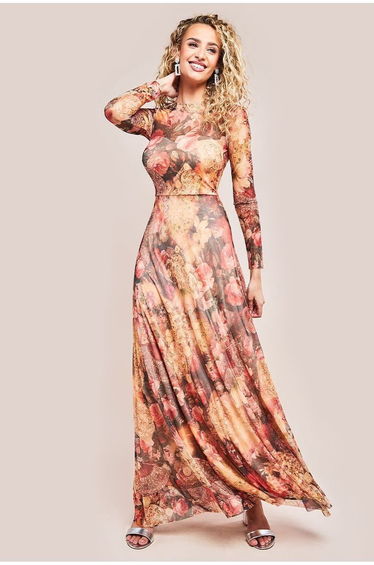 Goddiva Printed Soft Mesh A-Line Maxi Dress - Orange