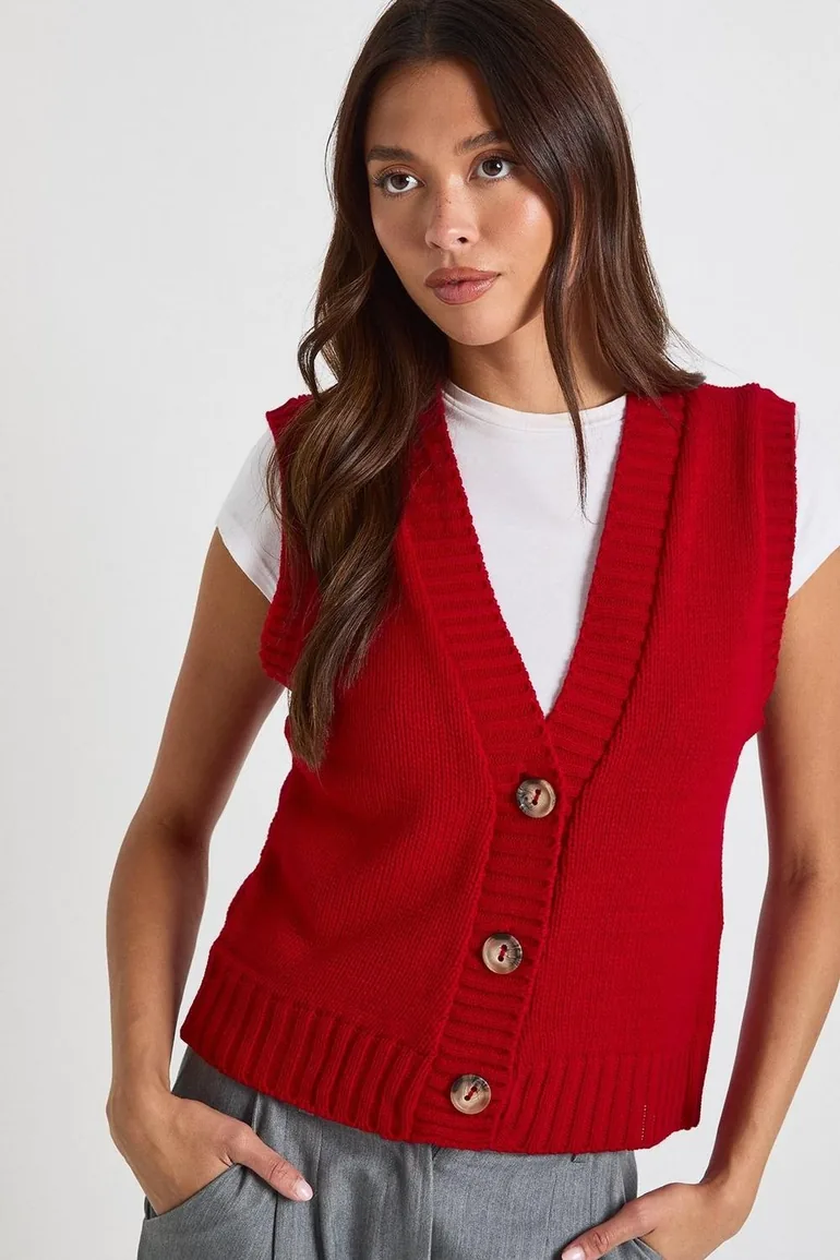 V Neck Knitted Lightweight Button Waistcoat - red - 3