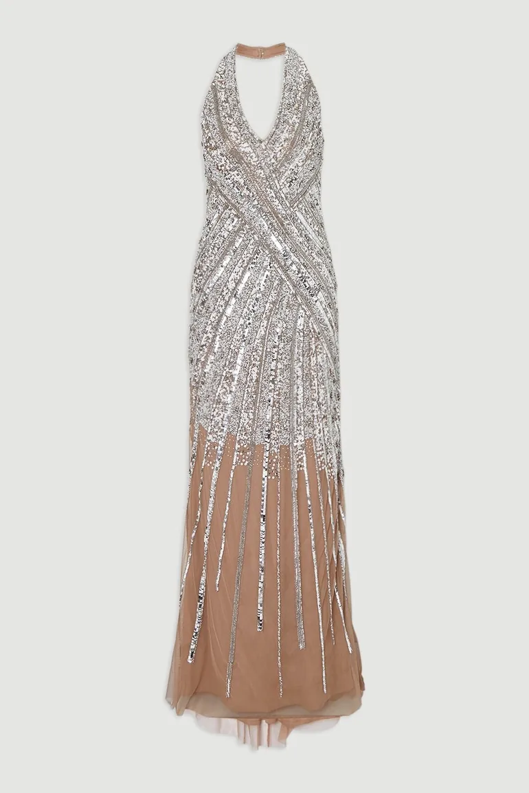 Metallic Embellished And Beaded Halter Maxi Dress Karen Millen : Premium  Dresses : VogaCloset Bahrain