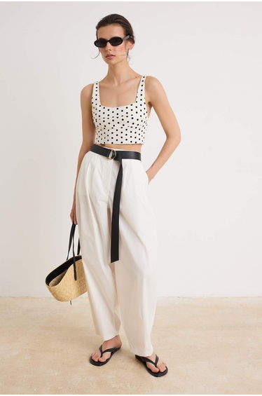 White Gabardine Polka Dot Crop Blouse