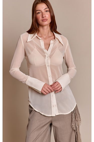 Cream Chiffon Oversized Collar Button Down Fitted Shirt