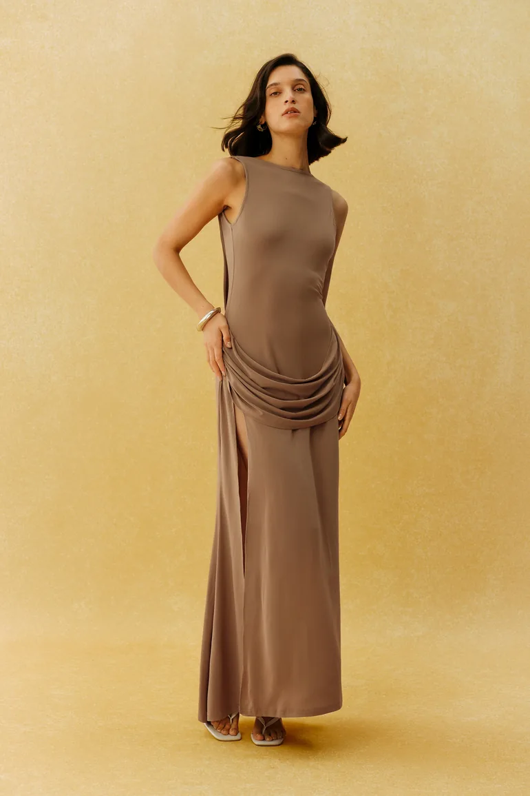 Delicate Love Taupe Brown Sleeveless High Slit Maxi Dress