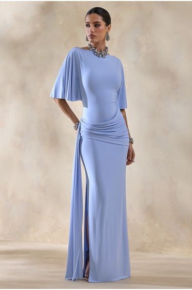 Emerelle | Powder Blue Wide-Neck Maxi Dress With Sash And Draped-Detailing