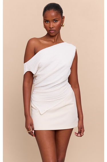 Cream Textured Slouchy Dip Hem Off Shoulder Top