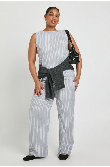 Plus Stripe Sleeveless Top And Wide Leg Trouser Co-Ord - grey