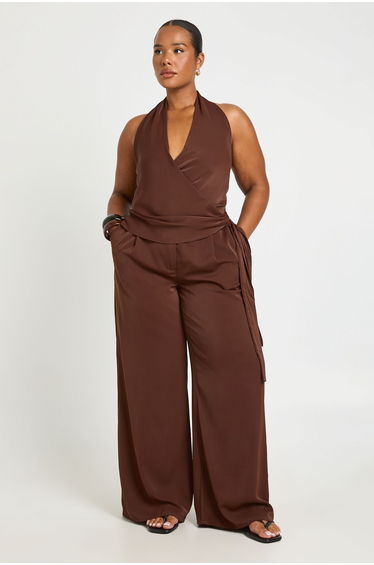 Plus Woven Cowl Wrap Drape Co-Ord - chocolate