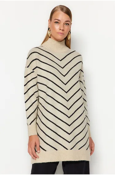 Stone Striped Stand Up Collar Knitwear Sweater