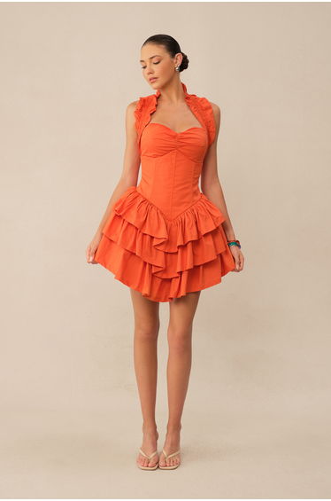 Love The Moment Orange Sweetheart Corset Tiered Ruffle Mini Dress