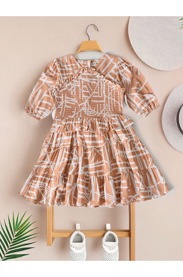 Printed Smocked Detail Puff Sleeve Knee-Length Dress