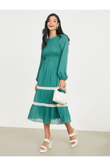 Smocked Lace Detail Tiered Midi Dress