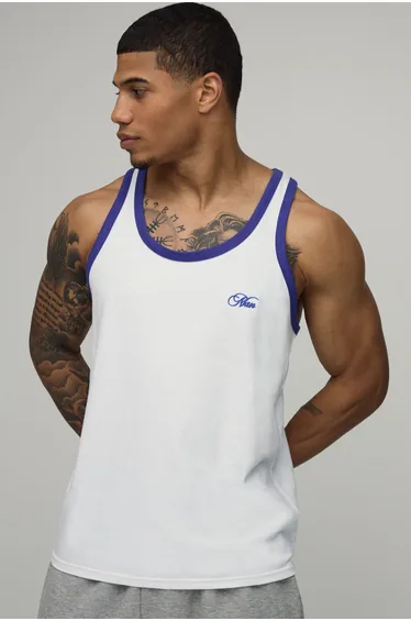 Regular Embroidered Ringer Racer Vest - white