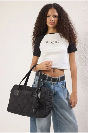 Black Large Wallet Quilted Puff Women's Hand and Shoulder Bag