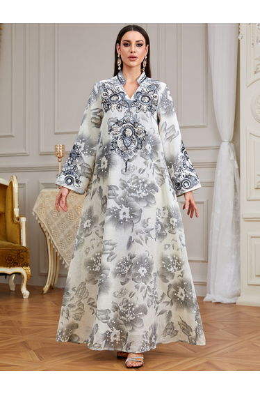 Grey Floral Print Embroidered A-Line Jalabiya