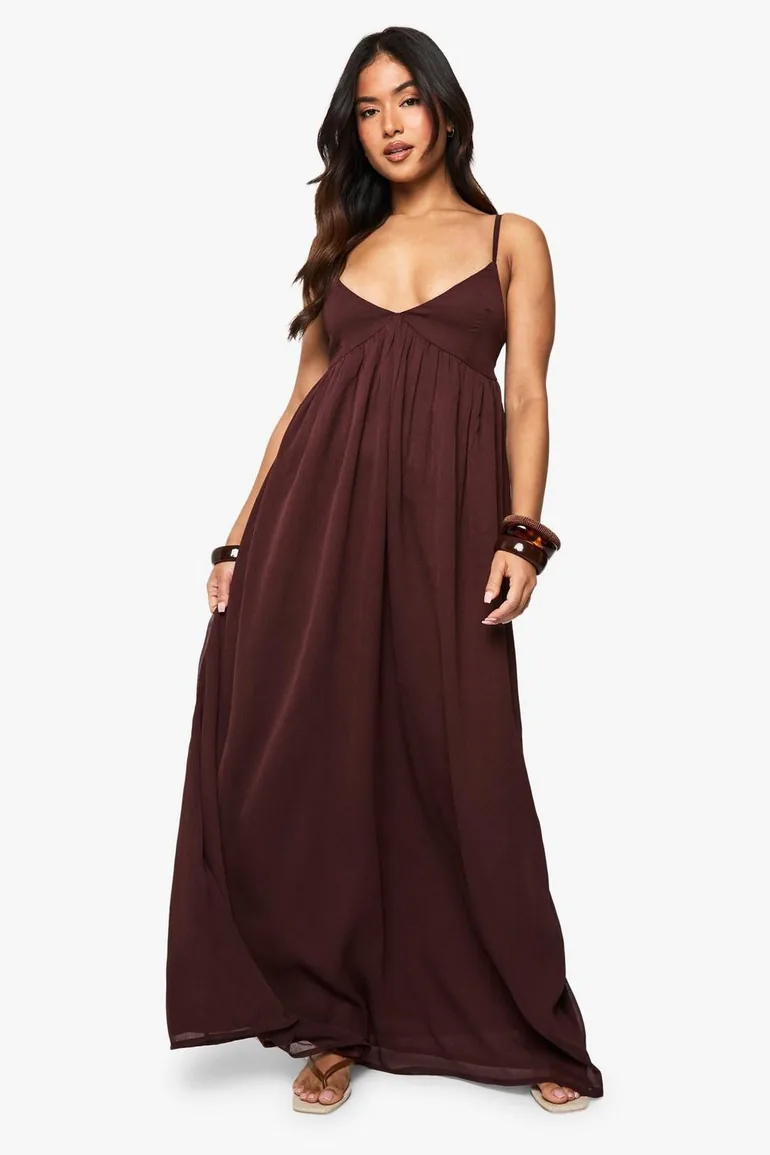 brown maxi dress boohoo boohoo Women's Slinky Cami Maxi Dress With Ruched Waistband in Chocolate | Size: 4