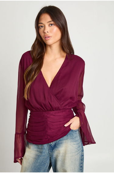 Chiffon Flute Sleeve Wrap Blouse - wine