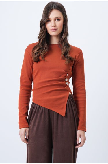 Women's Tile Pattern Crew Neck Gold Button and Drape Detail Ottoban Blouse