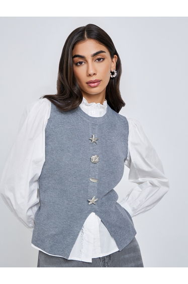 Grey Knit Sleeveless Vest with Metal Accent