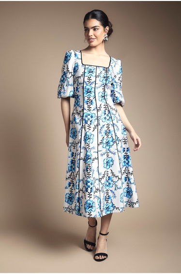 Floral Contrast Ottoman Twill Midi Dress