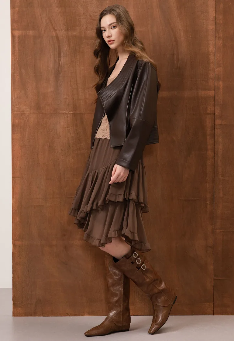 Asymmetric Zip Faux Leather Moto Jacket in Brown for Concert Outings & City Day Trips - 2