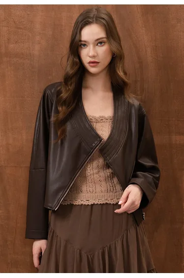 Asymmetric Zip Faux Leather Moto Jacket in Brown for Concert Outings & City Day Trips