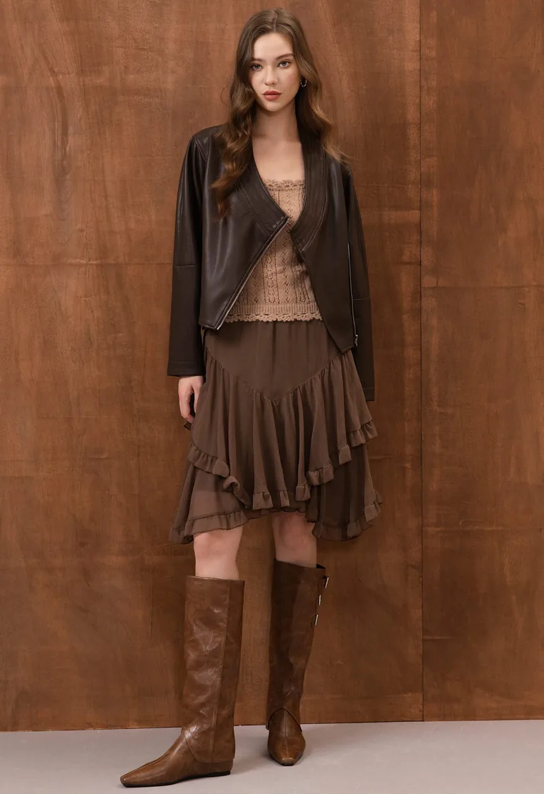 Asymmetric Zip Faux Leather Moto Jacket in Brown for Concert Outings & City Day Trips - 1