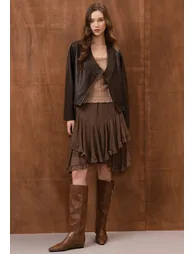 Asymmetric Zip Faux Leather Moto Jacket in Brown for Concert Outings & City Day Trips - 1