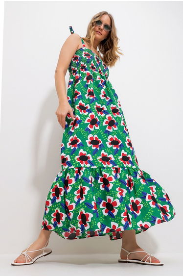 Green Floral A-Line Maxi Smock Dress