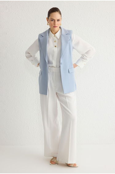 Light Blue Single Button Pocket Detail Woven Waistcoat