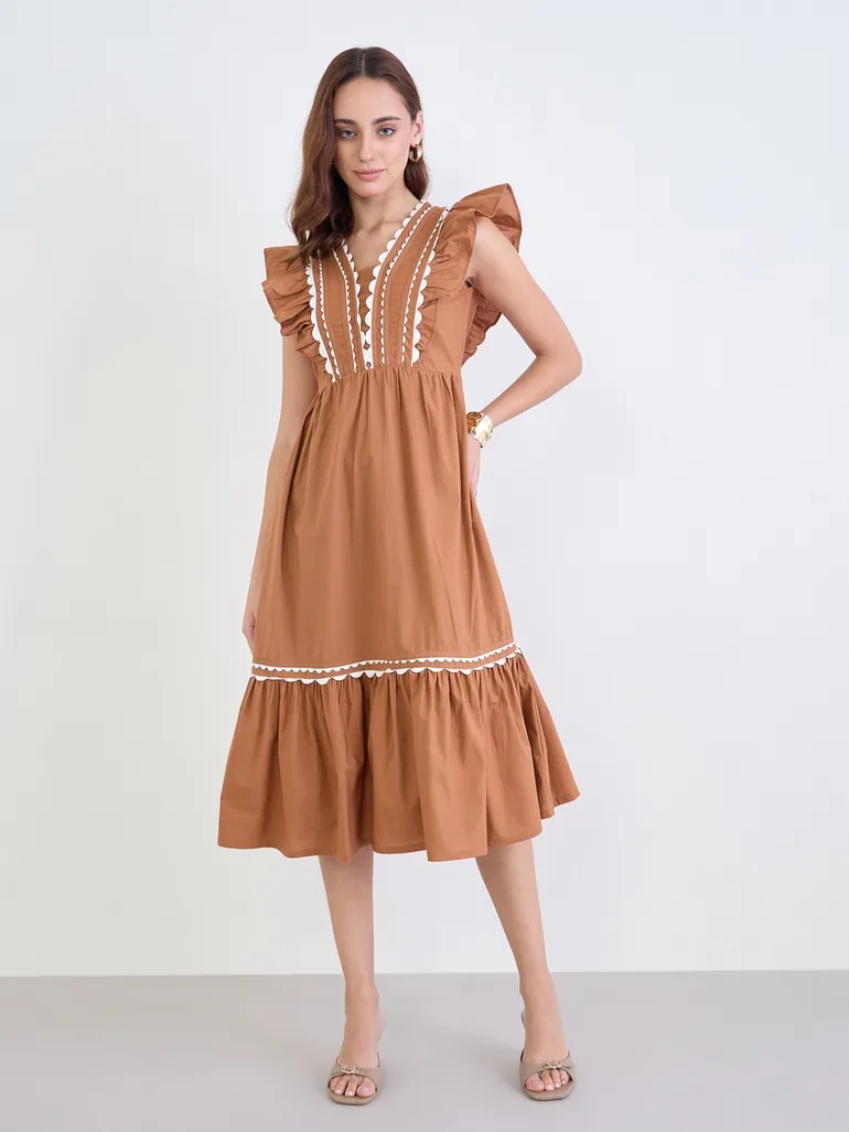 Brown Ruffle Detail Midi Dress Styli : Day Dresses : VogaCloset Oman