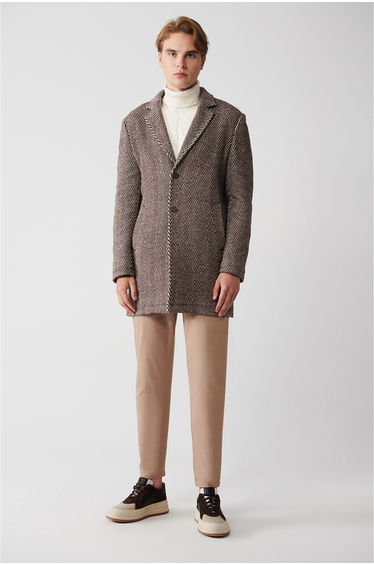 Men's Brown Mono Collar Herringbone Patterned Unlined Cashmere Coat