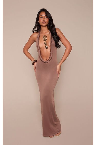 Deep Taupe Soft Touch Twist Deep Plunge Maxi Dress