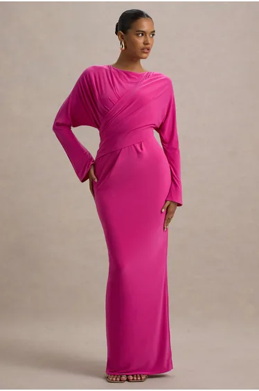 فستان ماكسي بتصميم لف بياقة سلاش بثنيات - زهري