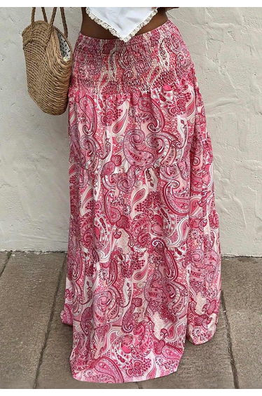 Paisley Print Shirred Waist Tiered Maxi Skirt in Pink for Beach Getaways & Casual Brunches