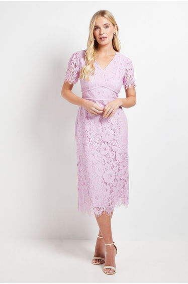 Petite Lace Seam Detail Pencil Midi Dress