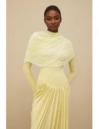 Catherine Yellow Asymmetrical Pleated Long-Sleeve Maxi Dress - 8