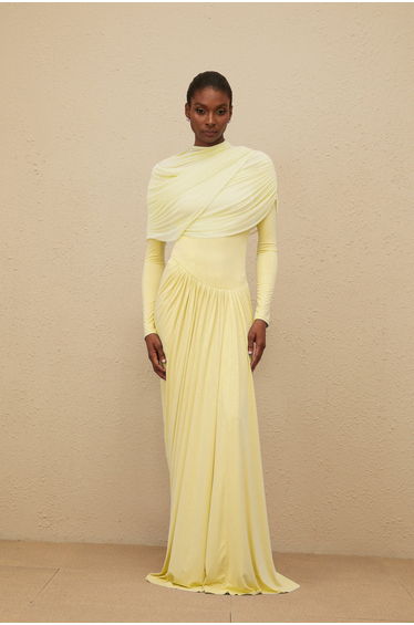 Catherine Yellow Asymmetrical Pleated Long-Sleeve Maxi Dress