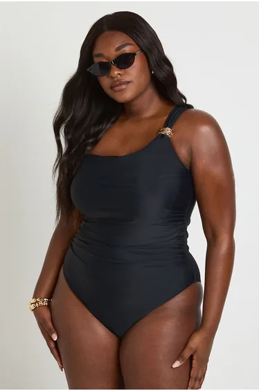 Plus Gold Trim One Shoulder Ruched Swimsuit - black
