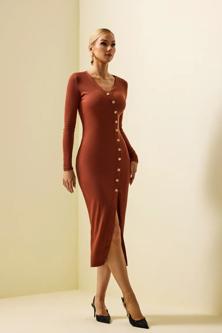 Chantal Knit Split Midi Dress in Brown JardinVue Brown : Day Dresses :  VogaCloset Oman